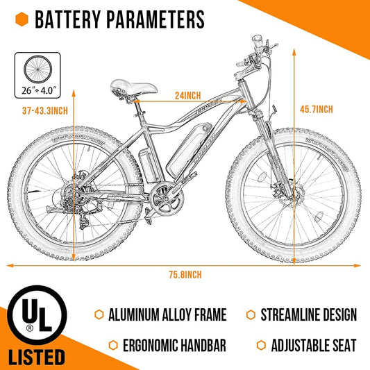 26” Fat Tire Electric Bike Powerful Adults Mountain Bicycle 500W Motor 36V/12.5AH Removable Lithium Battery Beach Snow Ebike Shock Absorption - 90% Pre Assembled