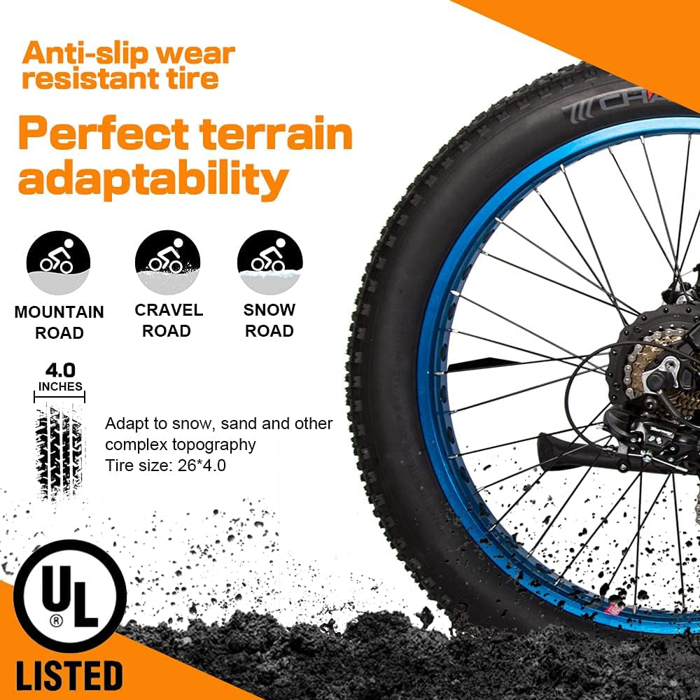 26” Fat Tire Electric Bike Powerful Adults Mountain Bicycle 500W Motor 36V/12.5AH Removable Lithium Battery Beach Snow Ebike Shock Absorption - 90% Pre Assembled