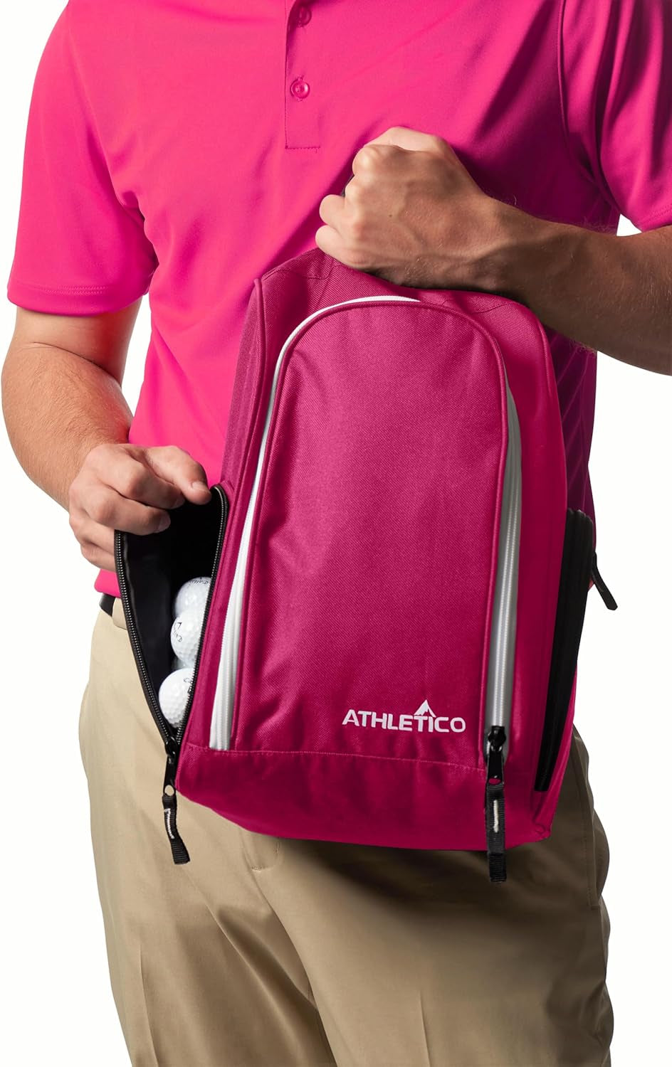 Golf Shoe Bag - Zippered Shoe Carrier Bags with Ventilation & outside Pocket for Socks, Tees, Etc. (Pink)