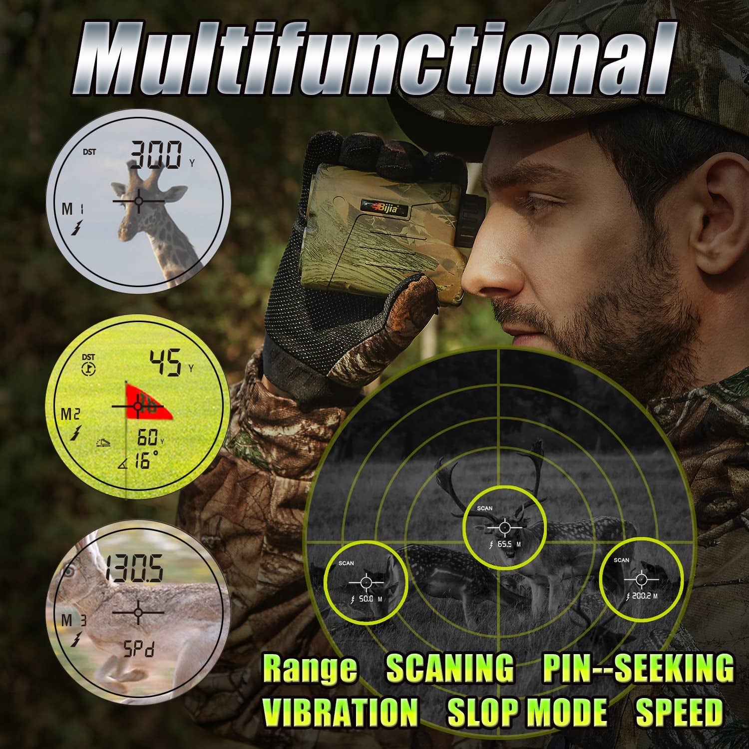 Hunting Rangefinder-6X 650/1200Yards Multifunction Laser Rangefinder for Hunting,Shooting, Golf,Camping with Slope Correction,Flag-Locking with Vibration,Speed,Angle,Scan,Distance
