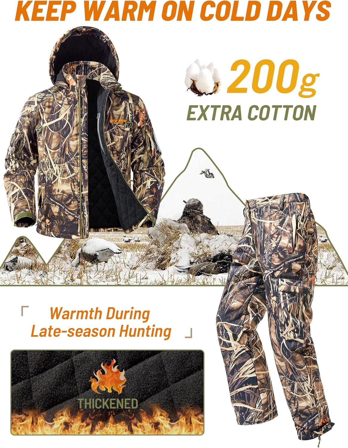 Insulated Hunting Clothes for Men Cold Weather, Warm Camo Hunting Jacket and Pants, Hunting Suit for Deer Duck Hunts