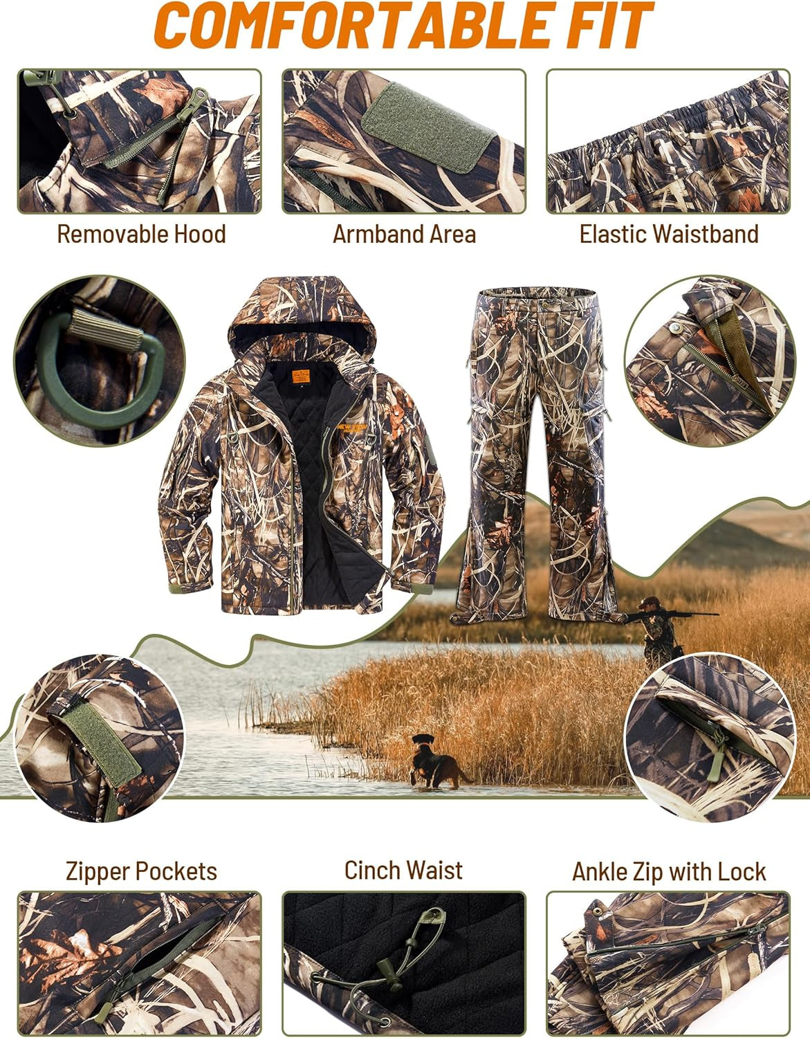 Insulated Hunting Clothes for Men Cold Weather, Warm Camo Hunting Jacket and Pants, Hunting Suit for Deer Duck Hunts