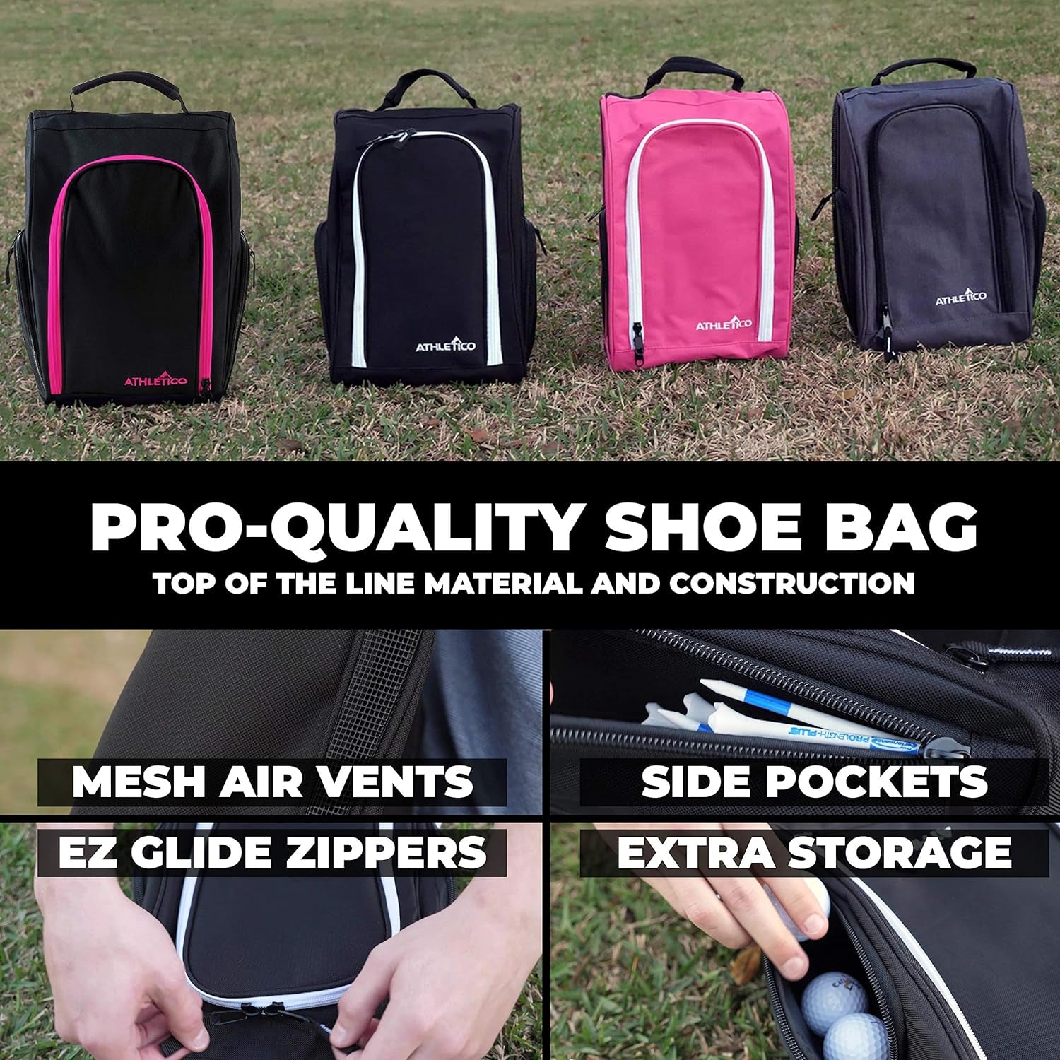 Golf Shoe Bag - Zippered Shoe Carrier Bags with Ventilation & outside Pocket for Socks, Tees, Etc. (Pink)