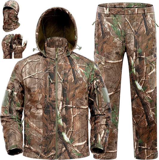 Quiet Hunting Clothes for Men, Camo Hunting Jacket and Pants, Water Resistant and Insulated