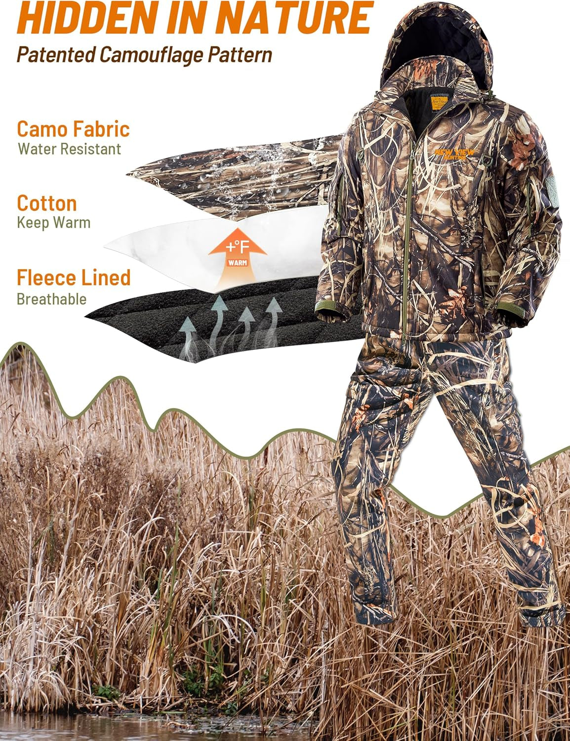 Insulated Hunting Clothes for Men Cold Weather, Warm Camo Hunting Jacket and Pants, Hunting Suit for Deer Duck Hunts